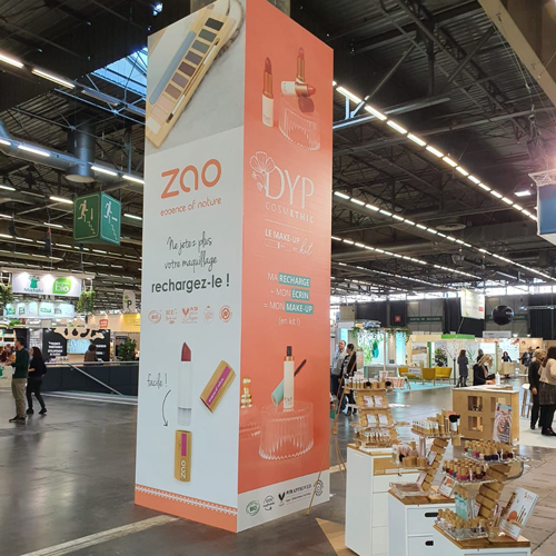 Stand salon natexpo Paris 2022 pour Zao make-up cosmetika France par Océane Giorgio graphiste Drôme