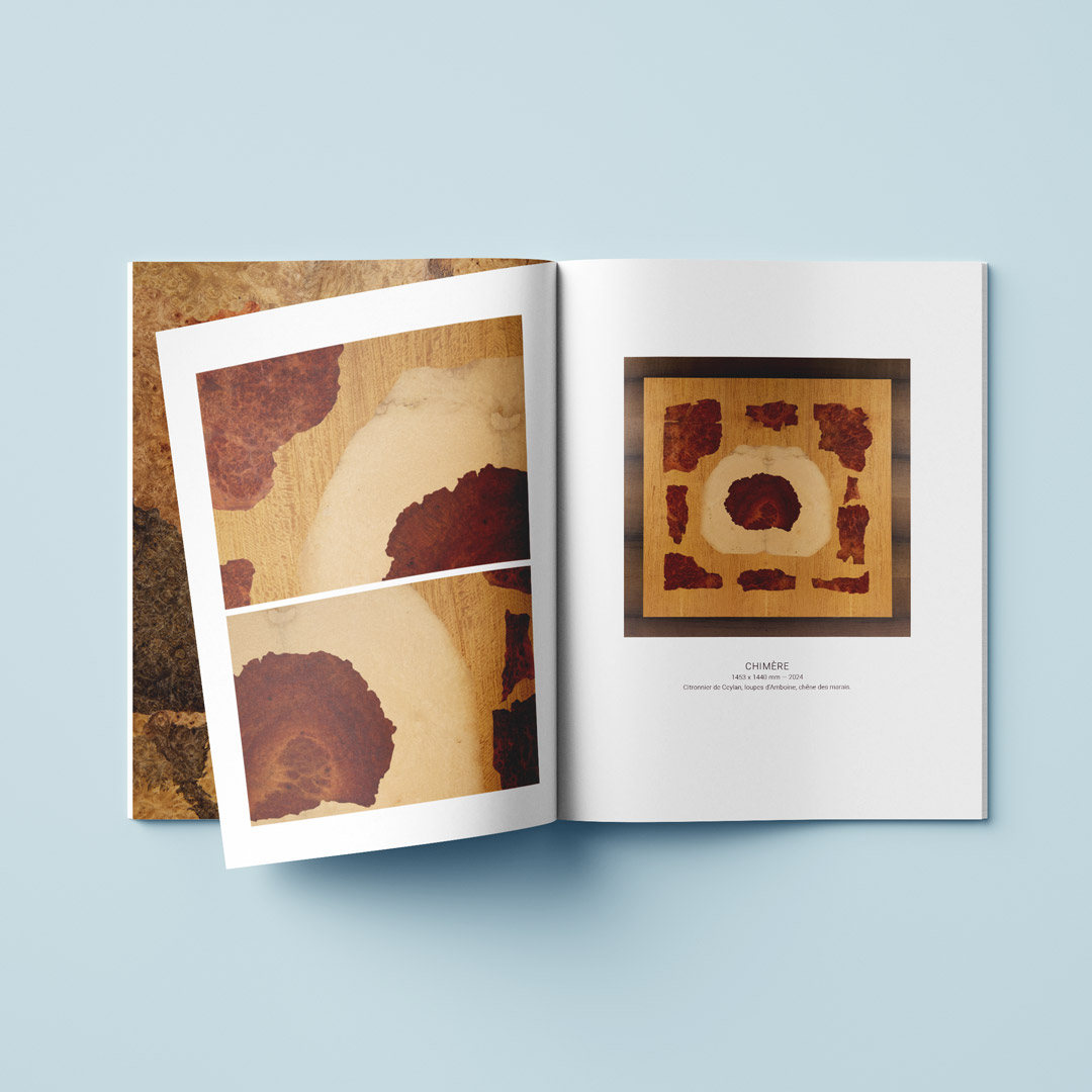 Création d'un book métier d'art pour Pierre-Henri Beyssac artiste artisan créateur marqueterie bois par Océane Giorgio graphiste indépendante