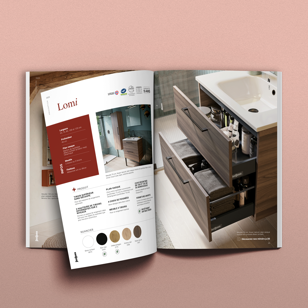 Mise en page du catalogue Prescription Sanijura 2025 par Océane Giorgio graphiste freelance en Drôme